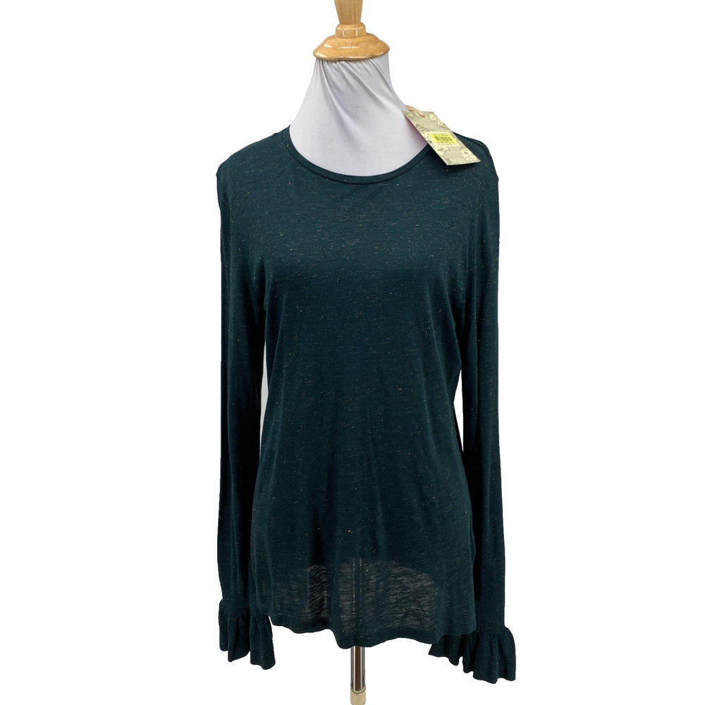 Chelsea & Violet Shirt Womens Large Dark Green Long Sleeve Crew Neck Ruffle Cuff